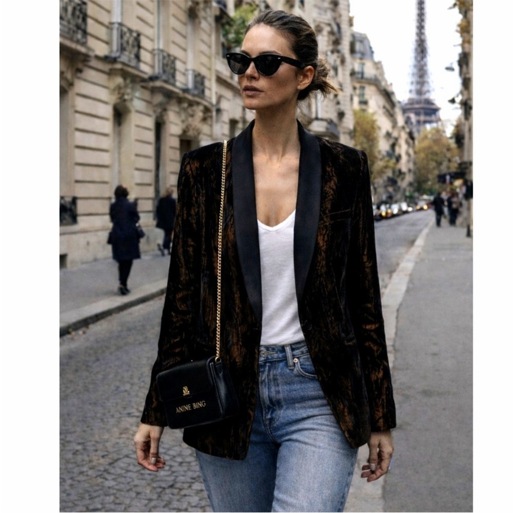 Alice & Olivia Black Velvet Blazer with Satin Lapel